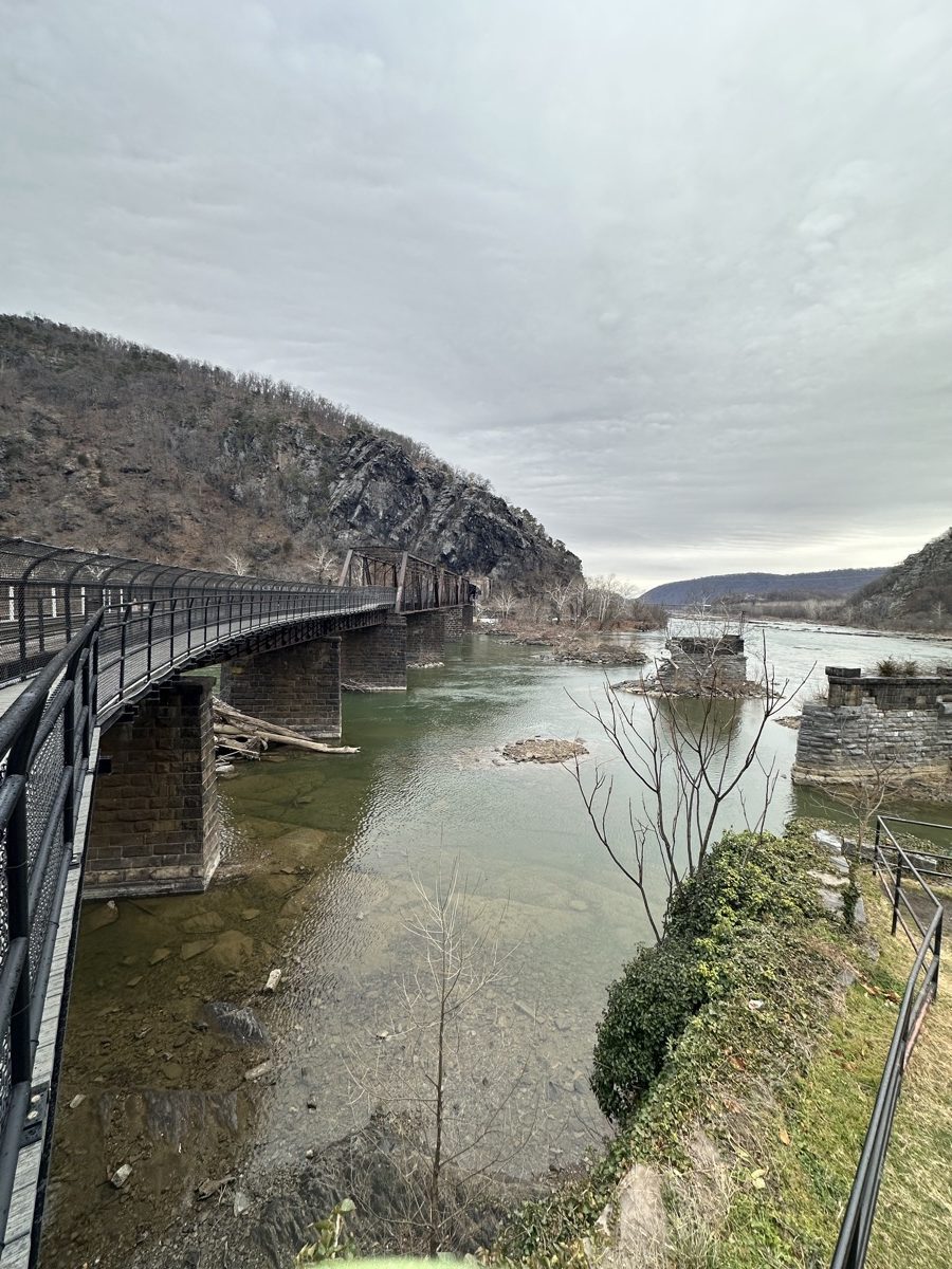 Railroad bridge over the Potomac River at Harpers Ferry, with collapsed piers visible in the water