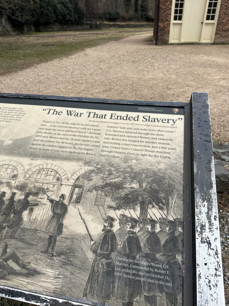 National Park Service sign in front of John Brown's Fort at Harpers Ferry