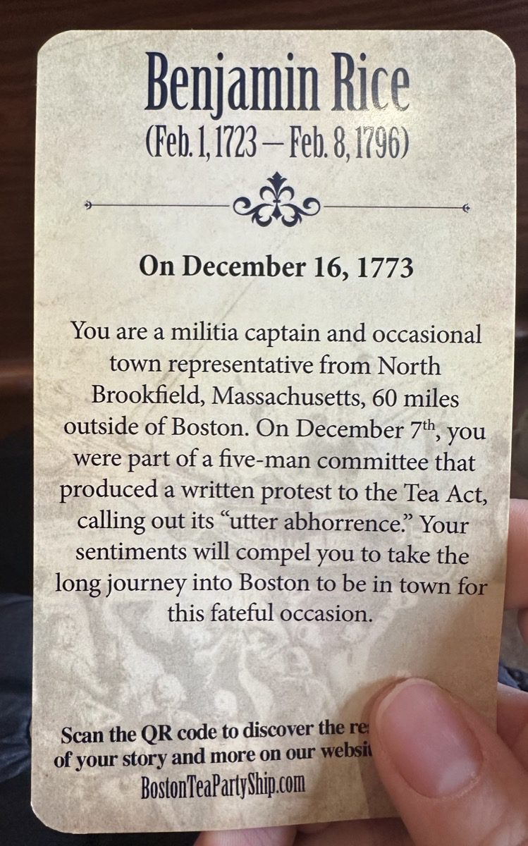 Benjamin Rice identity card from Boston Tea Party Museum dated December 16 1773