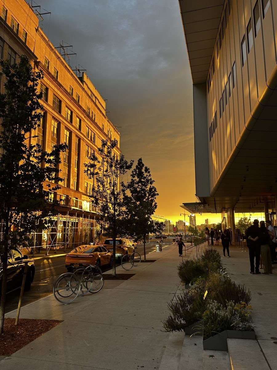 Whitney Museum of American Art exterior — Meatpacking District, dramatic sunset sky