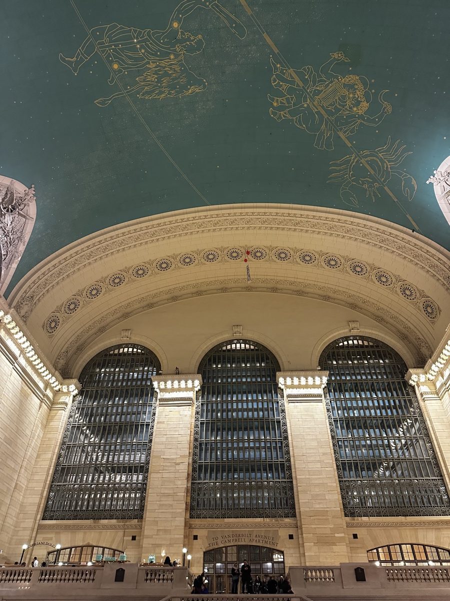 Grand Central Terminal ceiling — turquoise constellation mural, arched windows, To Vanderbilt Avenue sign