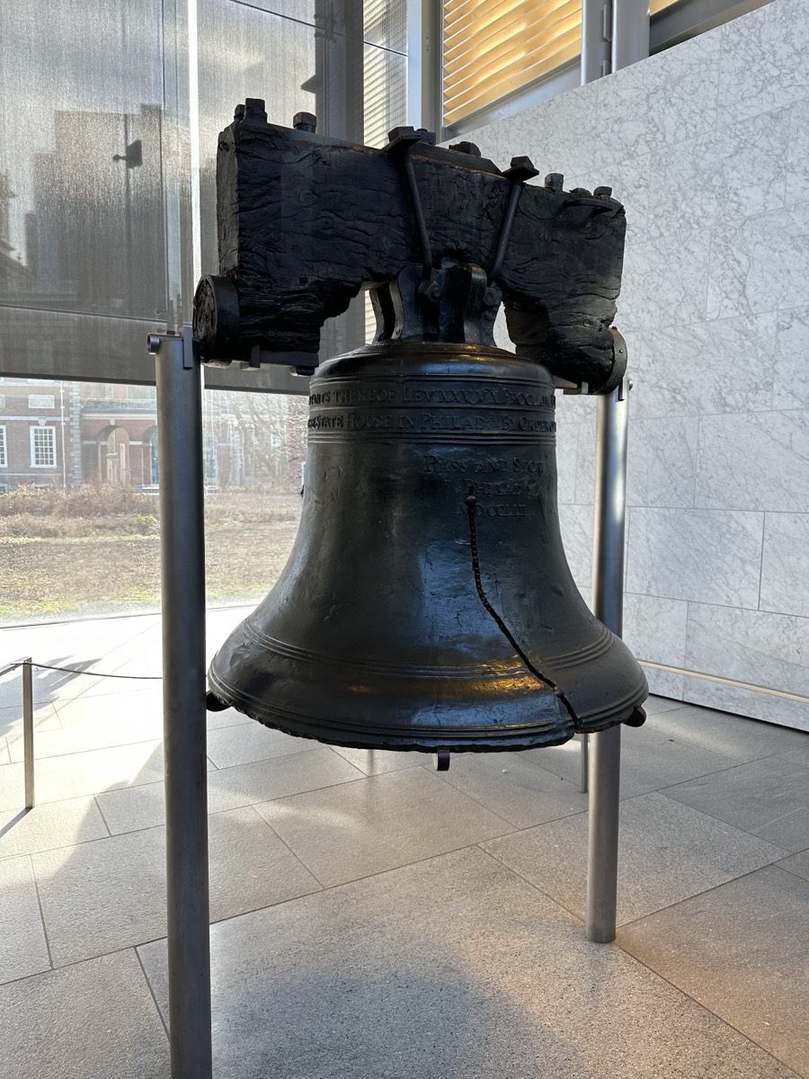 Liberty Bell close-up showing the crack along the lower half of the bell