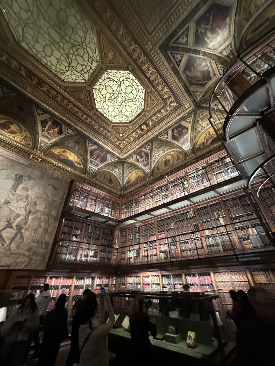 Morgan Library interior — ceiling and crowds