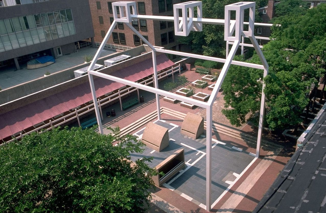 Franklin Court ghost structure — white steel frames marking the outline of Benjamin Franklin's house, Philadelphia
