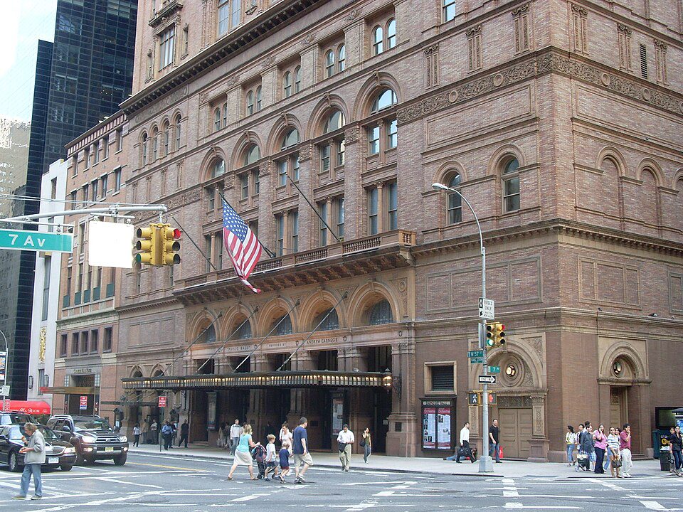 Carnegie Hall history exterior, 7th Avenue at 57th Street, New York, completed 1891